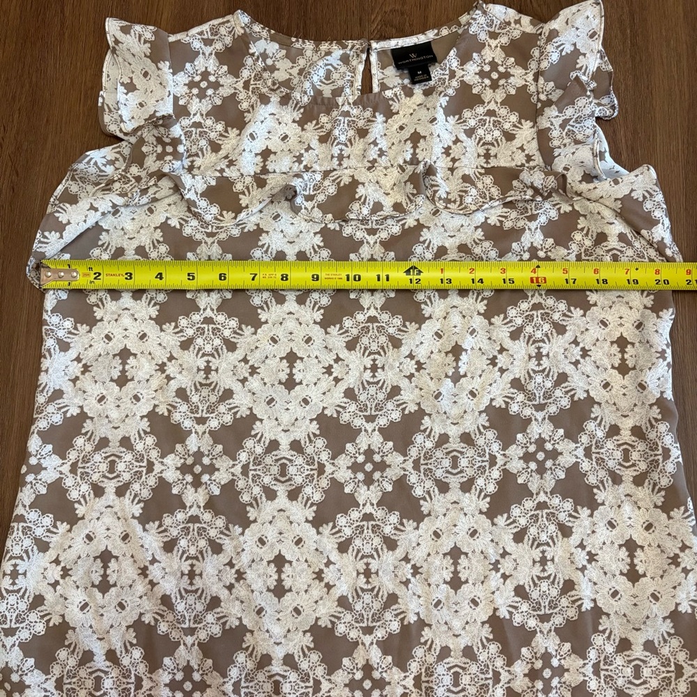 Georgette‎ Blouse Flutter Sleeve Size M Taupe White Feminine Cottagecore Twee - Picture 3 of 10